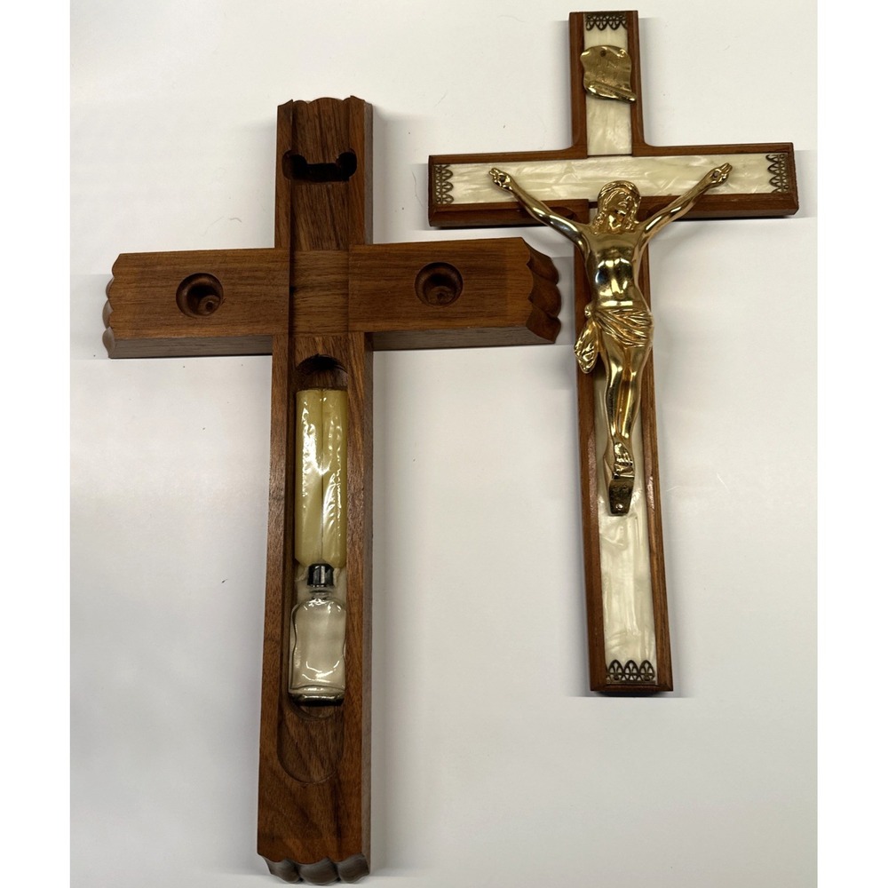 Vintage Wood Catholic Crucifix Sick Call Last Rights Faux Mother of Pearl Inlay